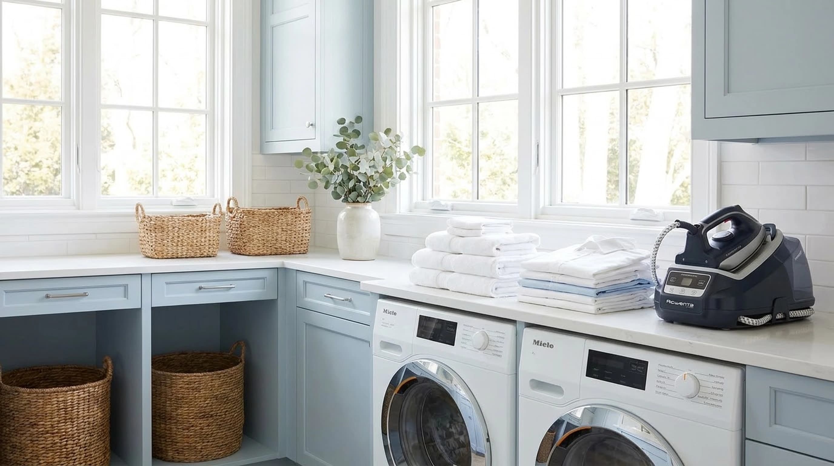 Bright laundry room with folded linens and professional care equipment